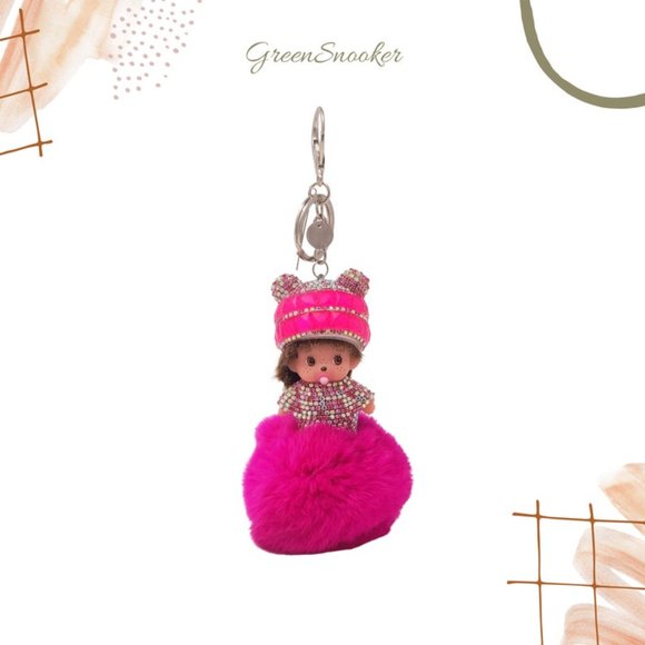 GreenSnooker Monchichi Rabbit Fur Fuchsia Keychain, Bag Pendant - Picture 3 of 10
